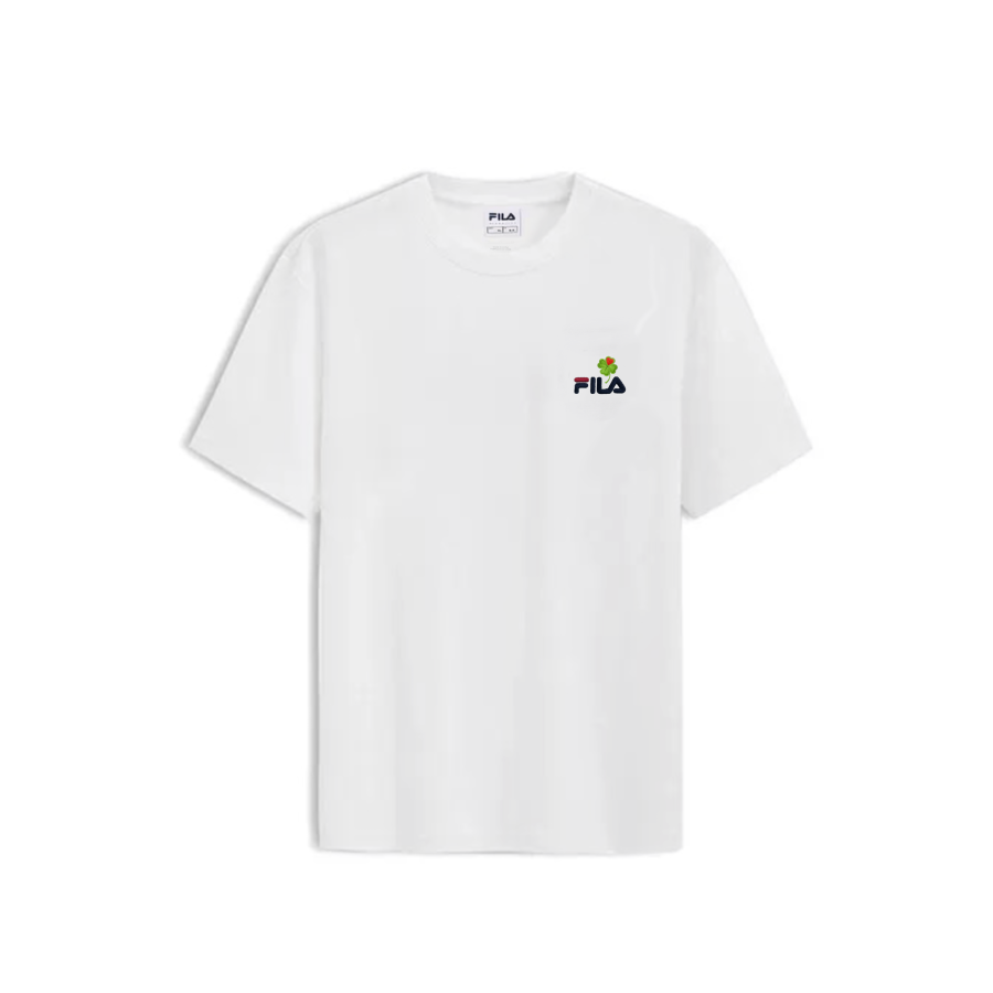 FILA T Shirts Unisex White Four Leaf Clover Embroidery Crew Neck Moderate Straight Fit