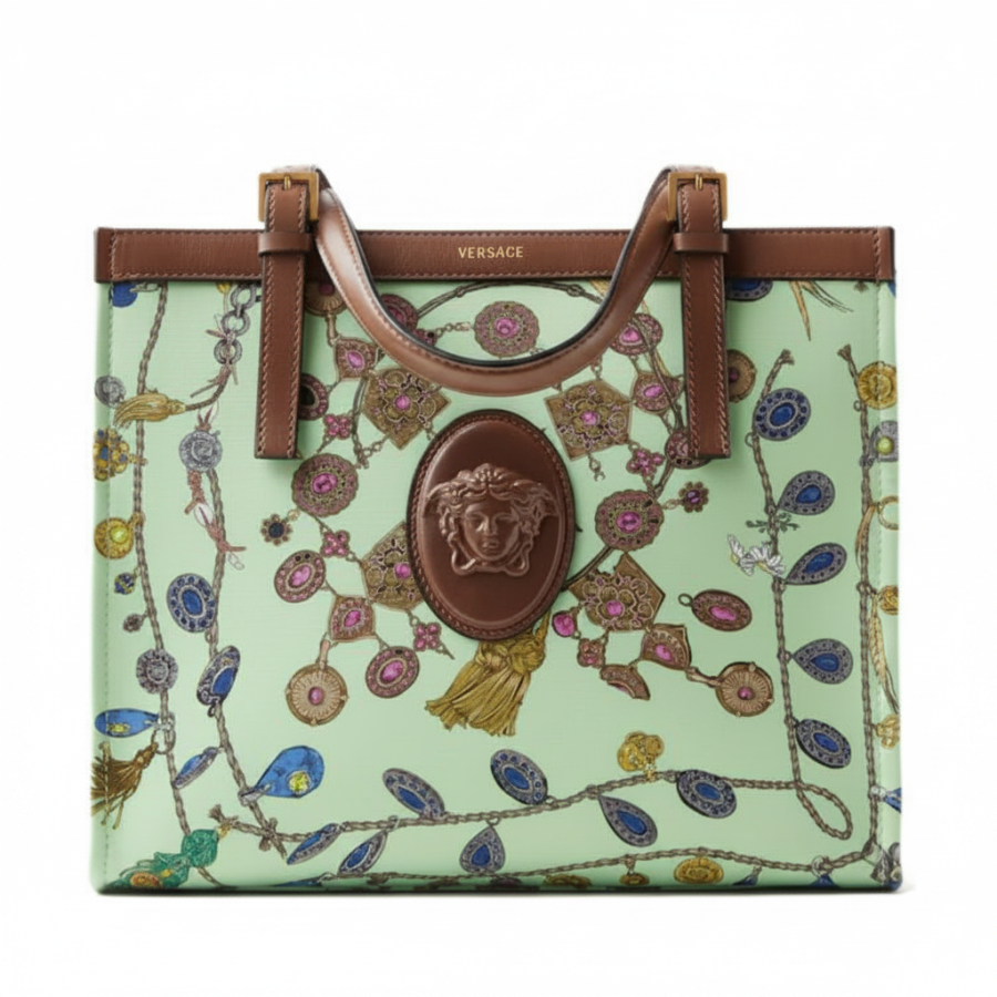 VERSACE Cotton Tote Handbag Women's Green & Brown