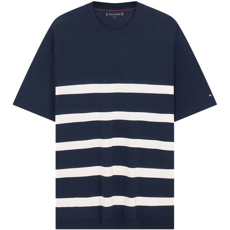 Tommy Hilfiger T Shirts Men's Navy Blue White Stripes DW5 Crew Neck Moderate Embroidered Label