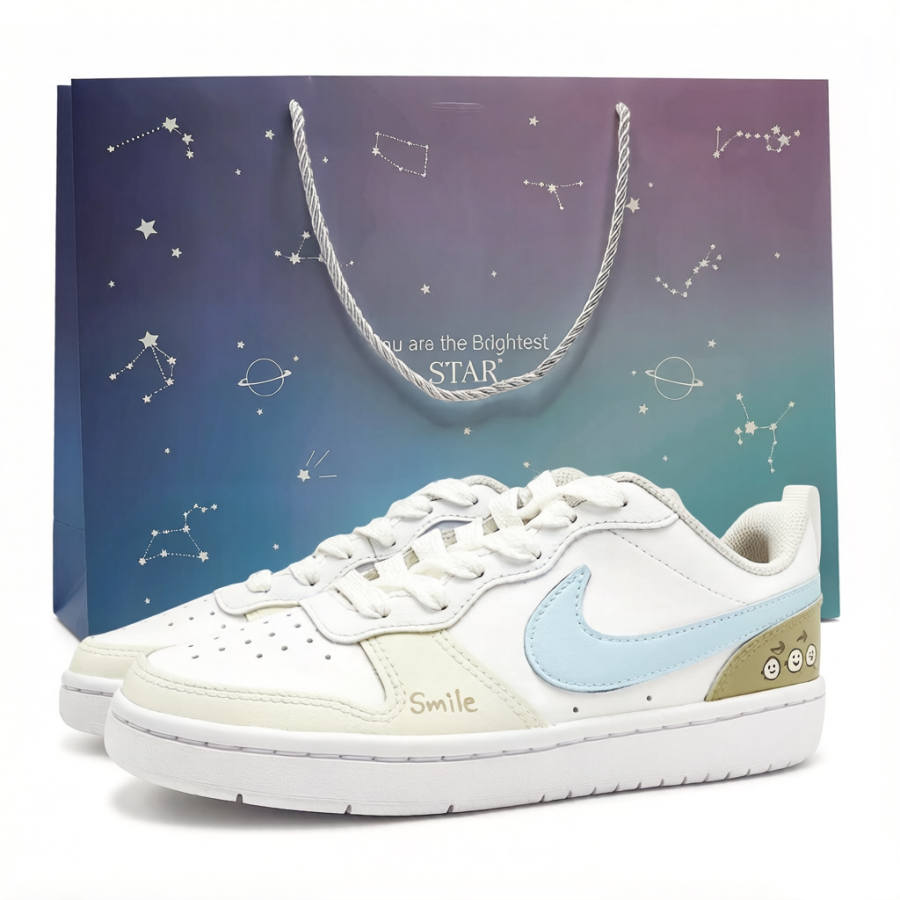 Nike Nike Court Borough Smiley Face Graffiti Leather Cushioning Low top Kids' Skateboarding Shoes Light Yellow Teenagers