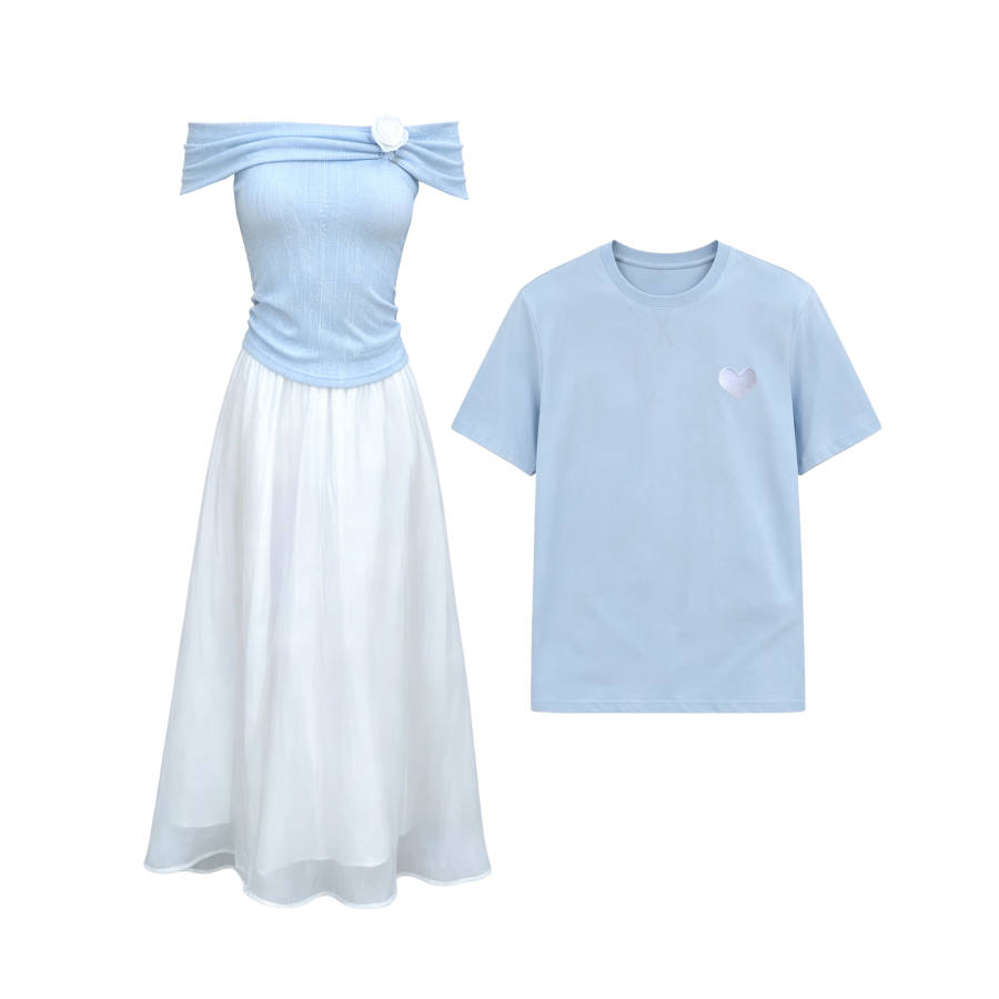 TUSHIFEI Couple Sets Women's Crew Neck Moderate Long Skirt
