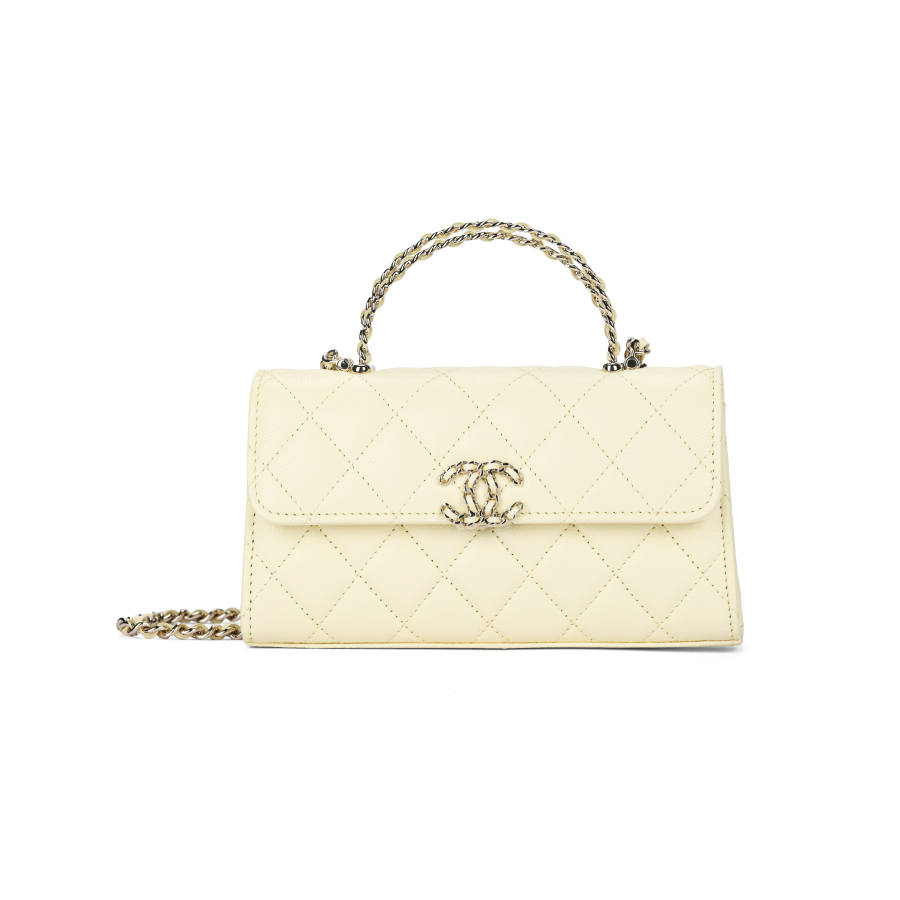 CHANEL Shiny Grain Calfskin Shoulder Bag Regular Women's Light Yellow