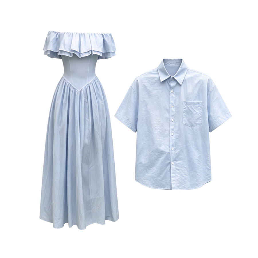 TUSHIFEI Couple Sets Women's Polo Collar Moderate Long Skirt