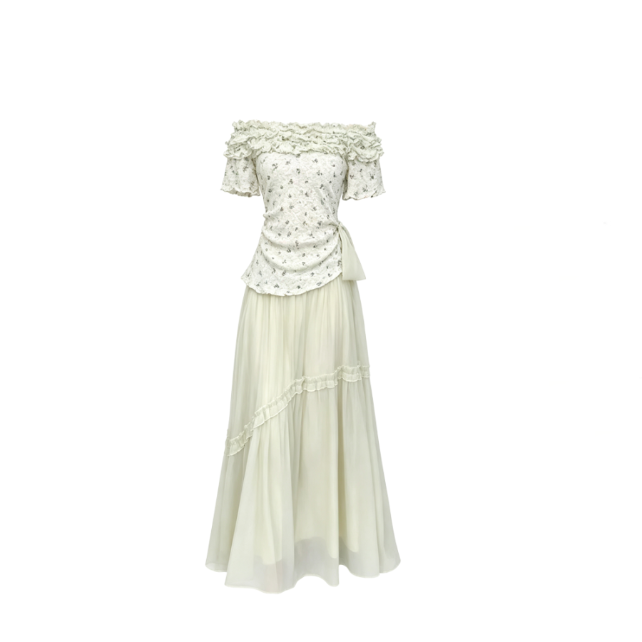 CPAURA Two Piece Skirt Sets Women's Off The Shoulder Moderate Long Skirt