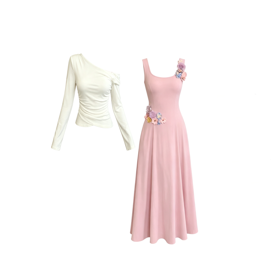 CPAURA Two Piece Skirt Sets Women's Asymmetrical Collar Thin Long Skirt