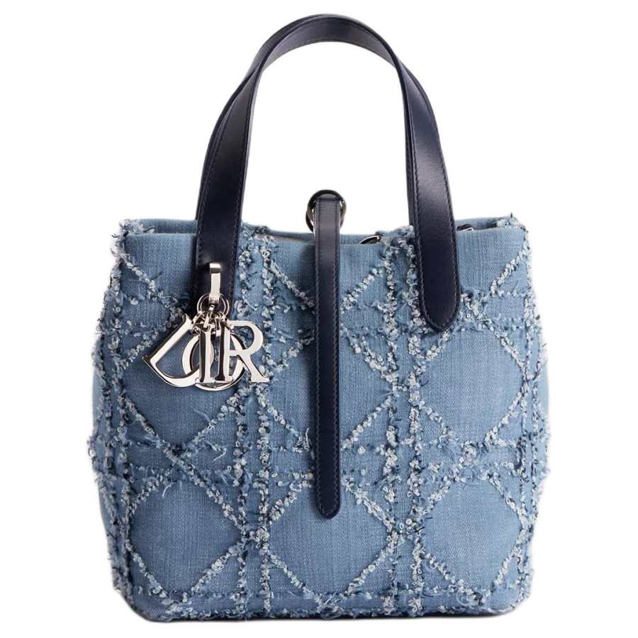 DIOR Toujours Cotton With Cow Leather And Technical Fabric Handbag Small Women's Blue & White