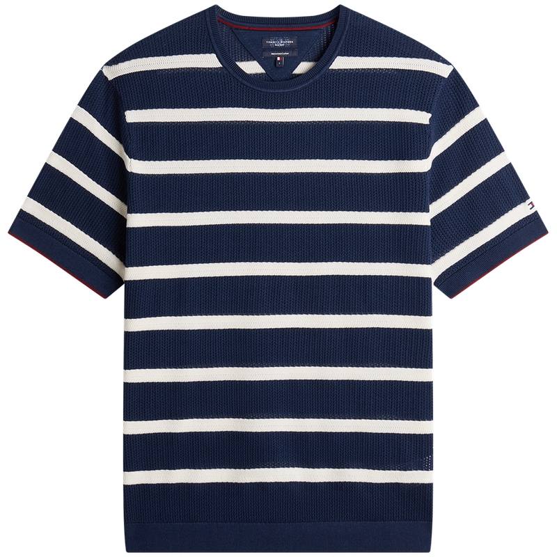 Tommy Hilfiger Knitwear Men's Navy Blue White Stripes DCC Crew Neck Moderate