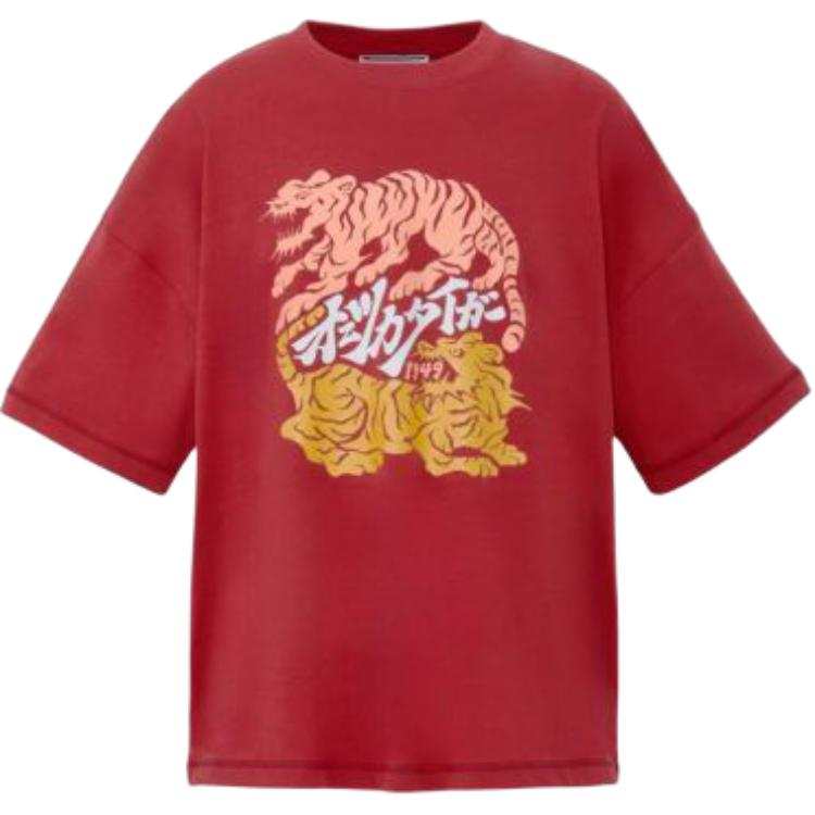 Onitsuka Tiger T Shirts Men's Red Crew Neck Straight Fit