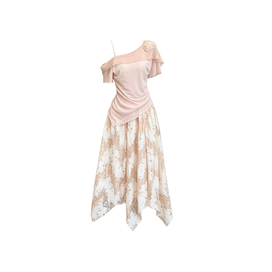 CPAURA Two Piece Skirt Sets Women's Asymmetrical Collar Moderate Long Skirt