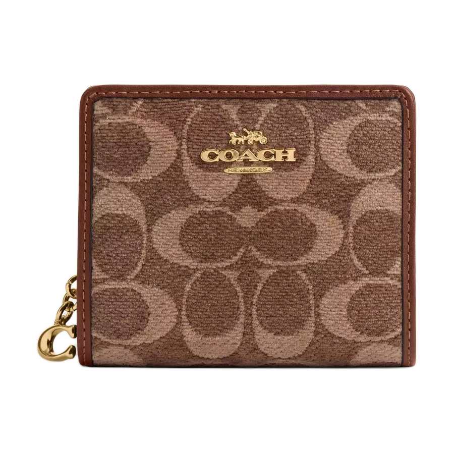 COACH Snap Wallet Velvet With Smooth Leather Wallet Women's Light Khaki & Vintage Brown
