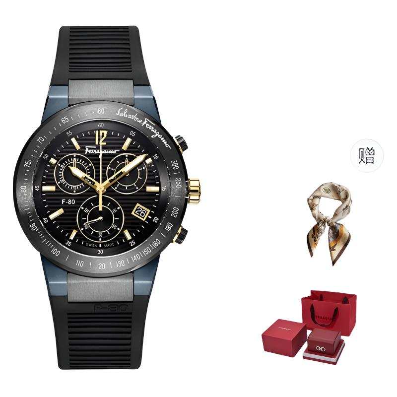 FERRAGAMO Black Knight Wrist Watches Quartz Movement Leather Rubber Strap 44mm Blue Dial Men's Watches