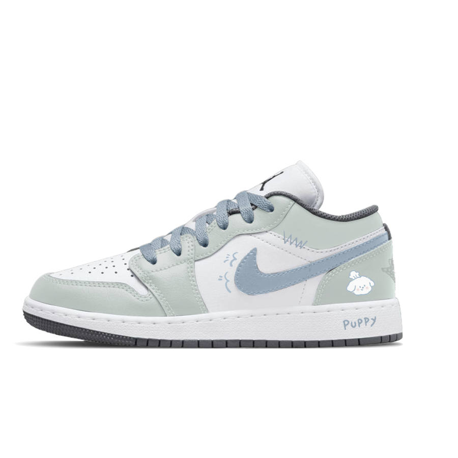Jordan Jordan Air Jordan 1 Puppy Journal Slip Resistant Abrasion Resistant Low top Children's Basketball Shoes Gray Green