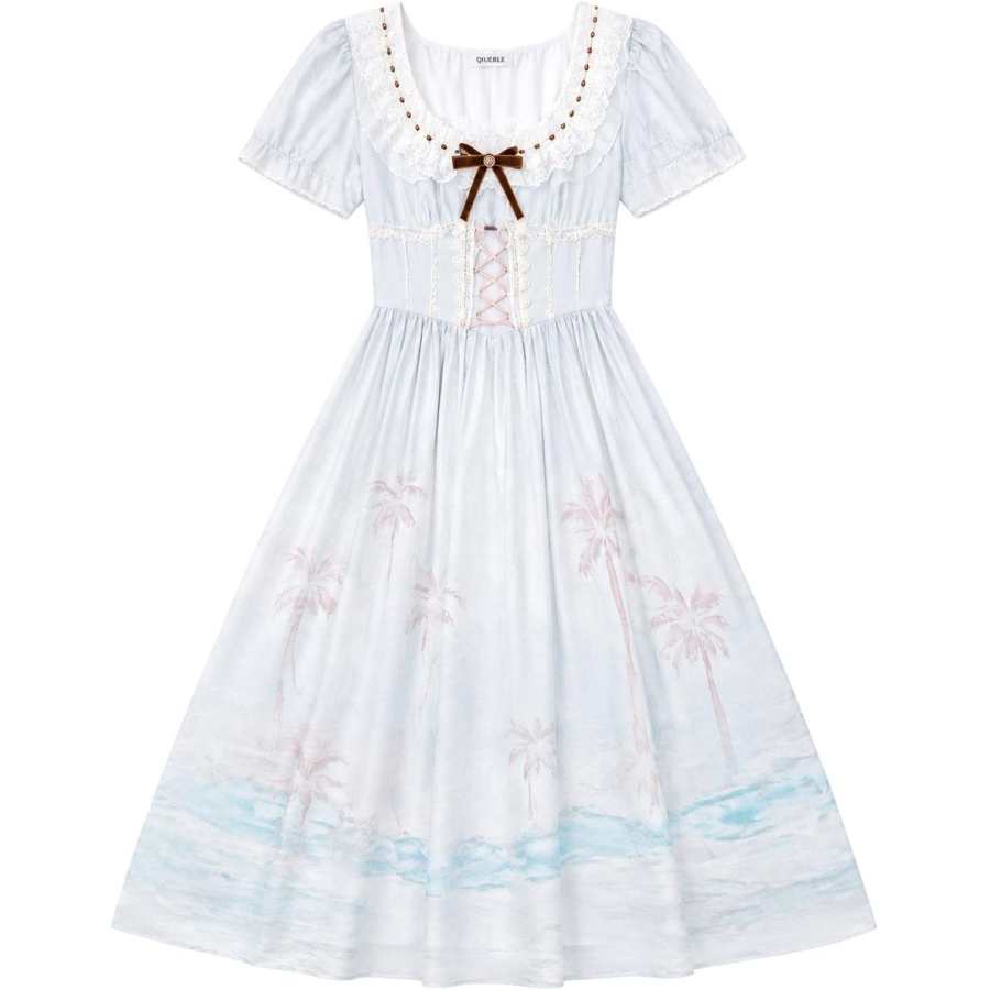 Qiuerle Short Sleeved Dresses Women's Crew Neck Moderate Long