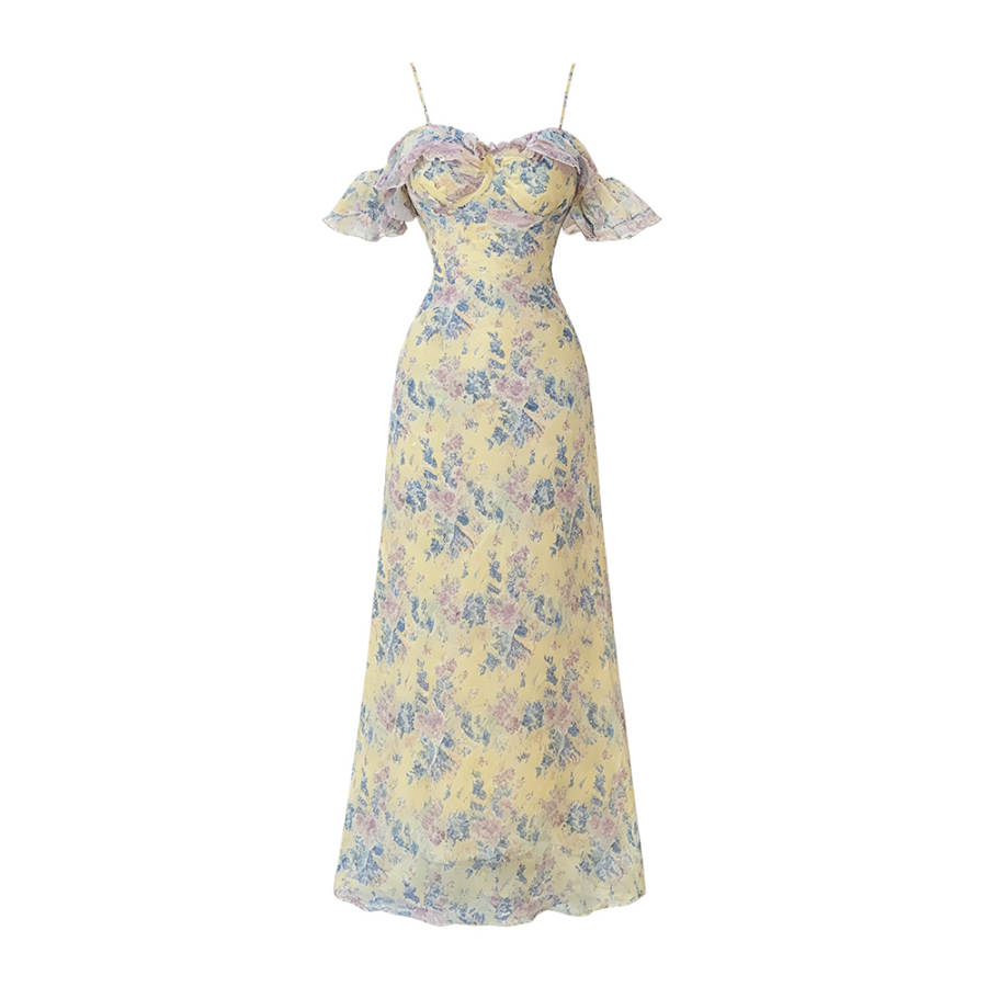 TUSHIFEI Slip Dresses Women's Yellow Floral Off The Shoulder Thin Long Skirt