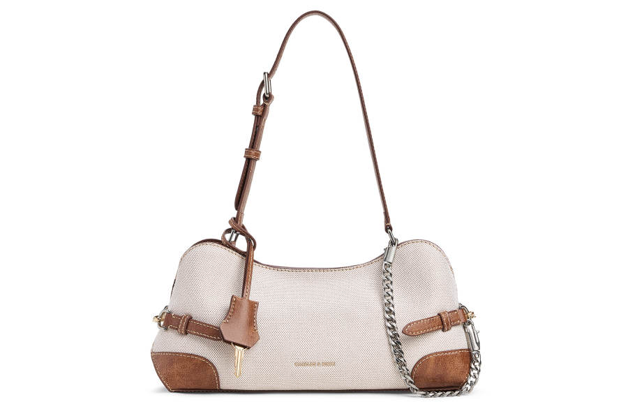 CHARLES&KEITH PU, Textile Mixture Underarm Shoulder Bag Medium Women's Beige & Brown