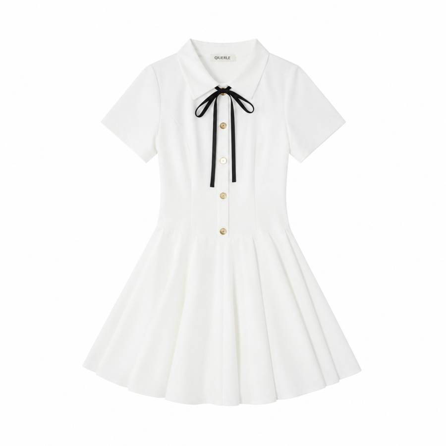 Qiuerle Short Sleeved Dresses Women's Peter Pan Collar Moderate Short Skirt