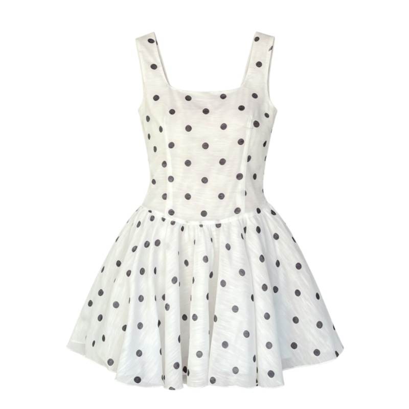 CPAURA Slip Dresses Women's White Polka Dot With Hair Tie Square Collar Moderate Short Skirt