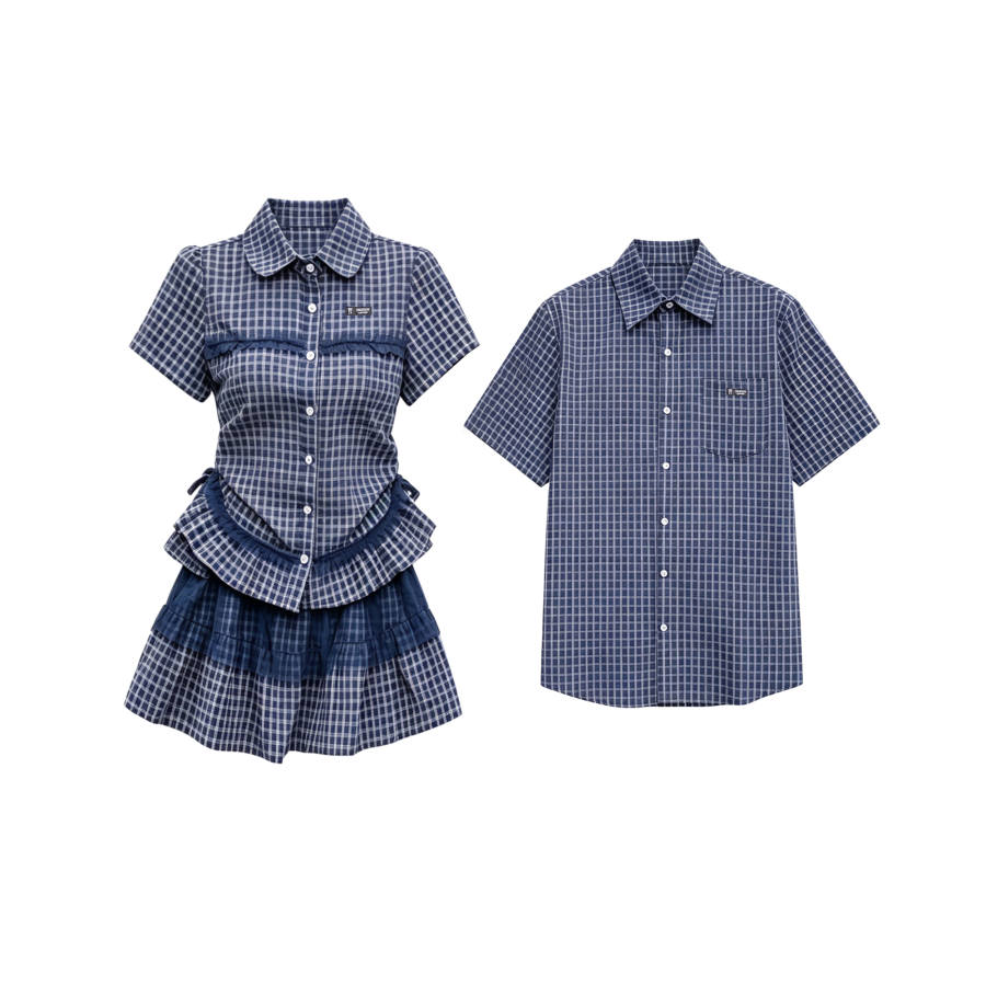 TUSHIFEI Couple Sets Women's Polo Collar Moderate Short Skirt