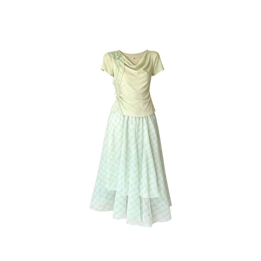 CPAURA Two Piece Skirt Sets Women's Draped Collar Moderate Long Skirt