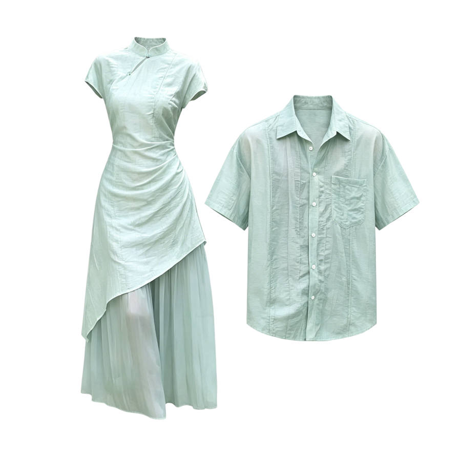 TUSHIFEI Couple Sets Women's Polo Collar Moderate Long Skirt