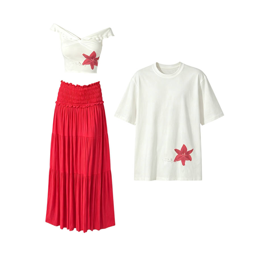 TUSHIFEI Couple Sets Women's Crew Neck Moderate Long Skirt