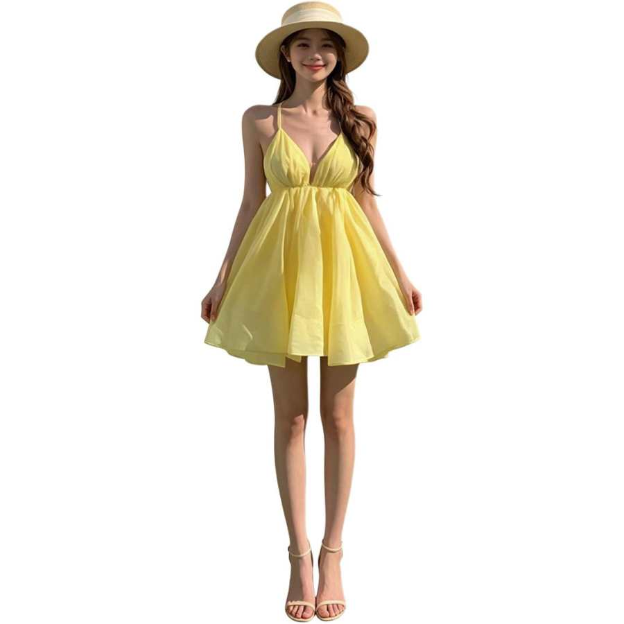 VENICEW Slip Dresses Women's Yellow Camisole Thin Short Skirt