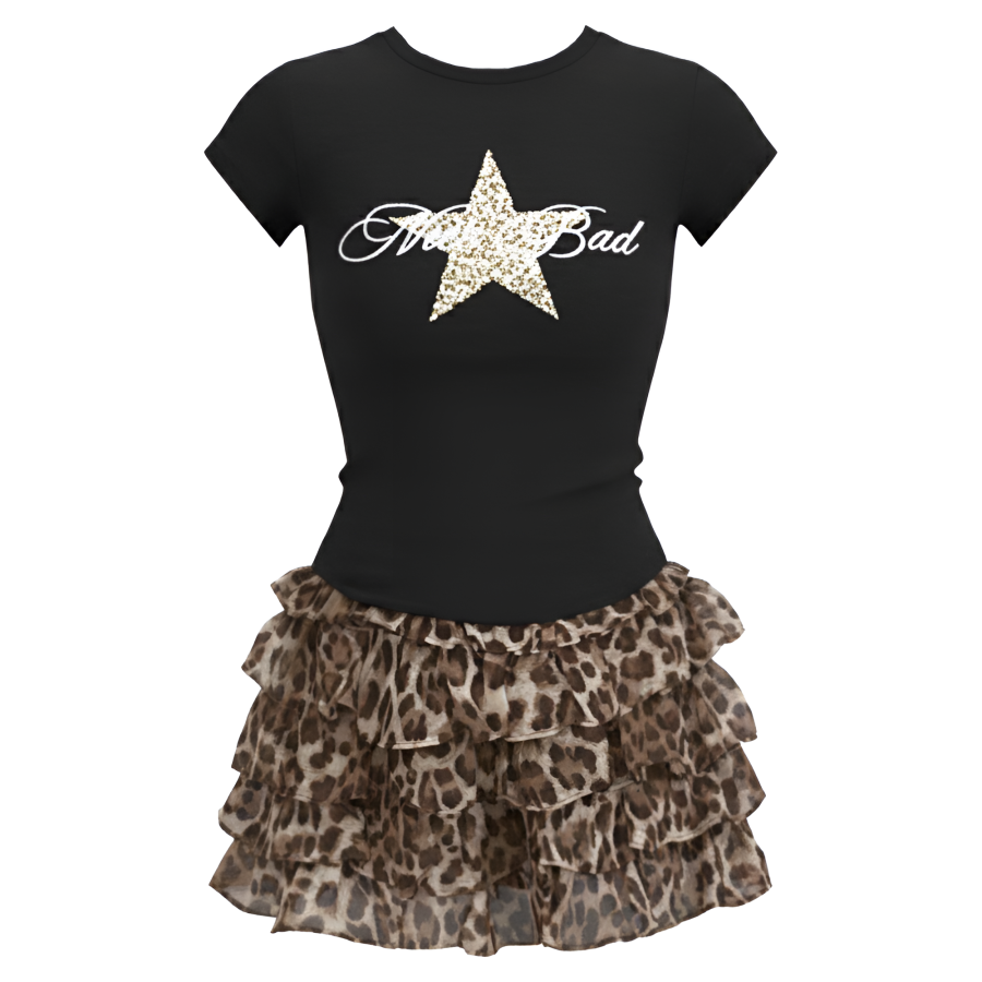 FINDSME GAGA Two Piece Skirt Sets Women's Crew Neck Thin Short Skirt