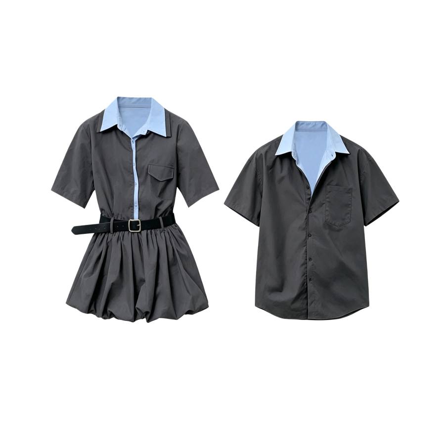 TUSHIFEI Couple Sets Women's Polo Collar Moderate Short Skirt