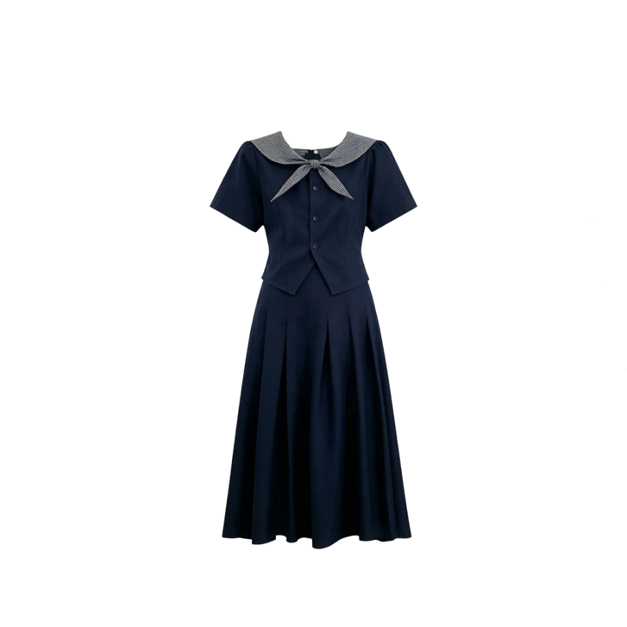 CPAURA Two Piece Skirt Sets Women's Peter Pan Collar Moderate Long Skirt