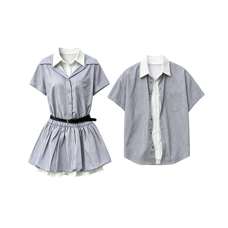 TUSHIFEI Couple Sets Women's Polo Collar Moderate Short Skirt