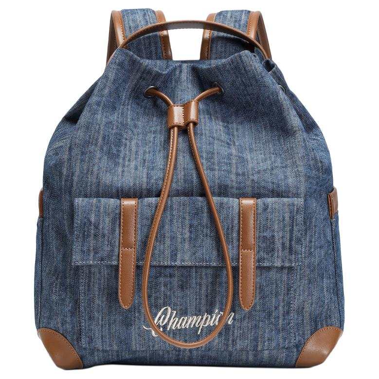 Champion Fabric+Artificial Leather Backpack Regular Unisex Dark Blue Denim/Linen/Sesame Brown
