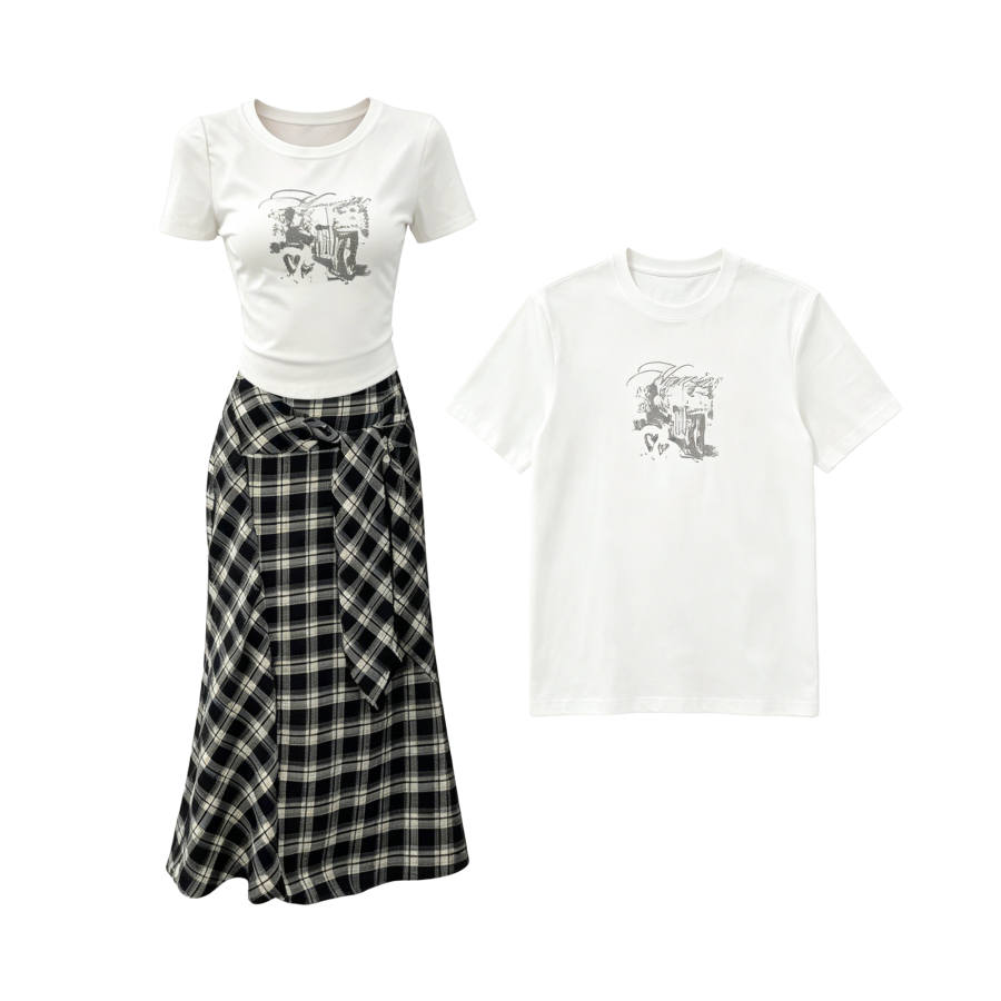 TUSHIFEI Couple Sets Women's Crew Neck Moderate Long Skirt