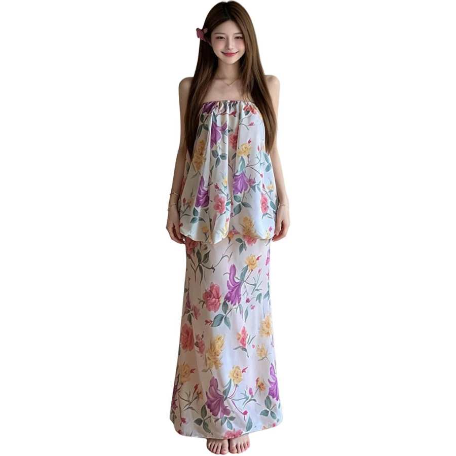 VENICEW Two Piece Skirt Sets Women's Strapless Top Thin Long Skirt