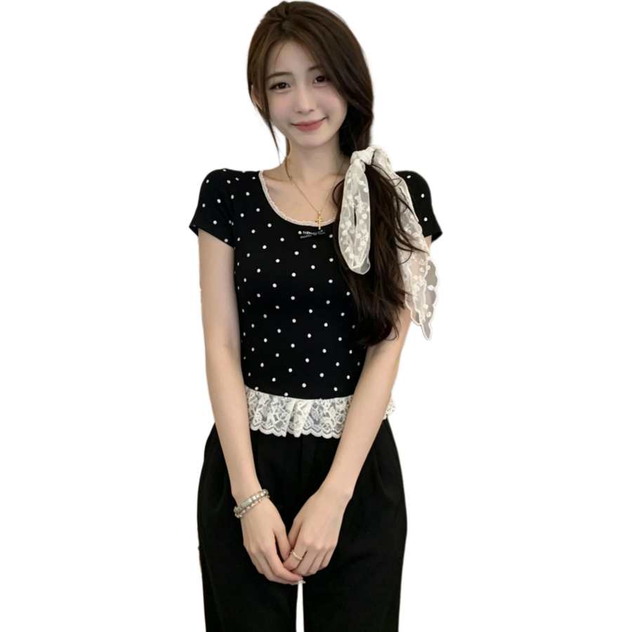 VENICEW T Shirts Women's Black Polka Dot U Neck Thin Nipped In Waist