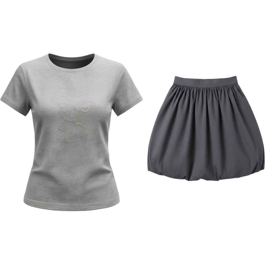 CHARM GLOW Two Piece Skirt Sets Women's Crew Neck Thin Short Skirt