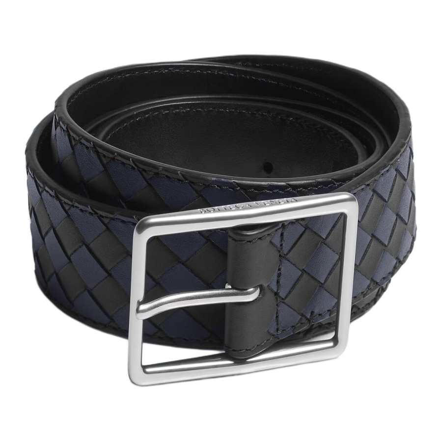 Bottega Veneta Cow Leather Belts Men's Black/Midnight Blue Width 3.5cm