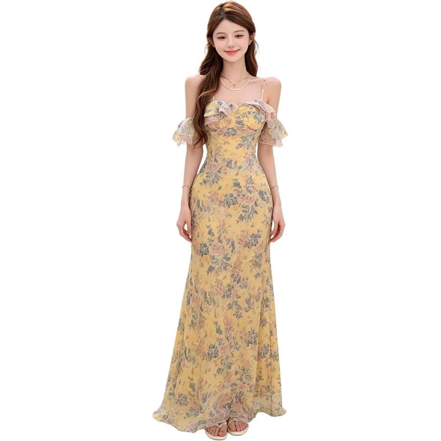 VENICEW Slip Dresses Women's Yellow Off The Shoulder Thin Long Skirt