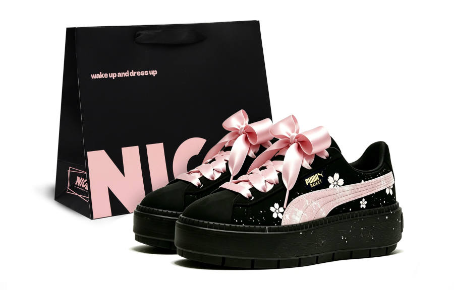 PUMA Platform Trace Cherry Blossom Pink Dark Night Low top Skateboard Shoes Women's Black Pink