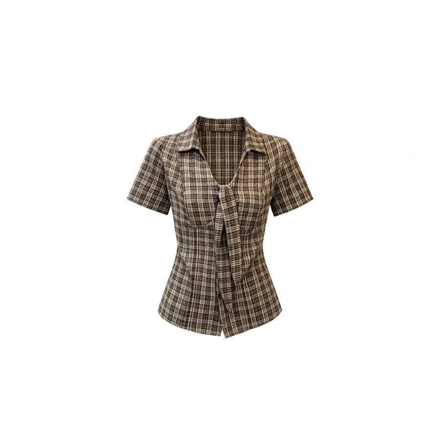 CPAURA Shirts Women's Coffee Plaid V Neck Moderate Shirt