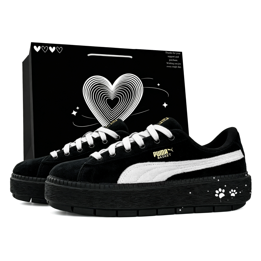 PUMA Platform Trace Abrasion Resistant Height Increasing Low top Skateboard Shoes Women's Black White