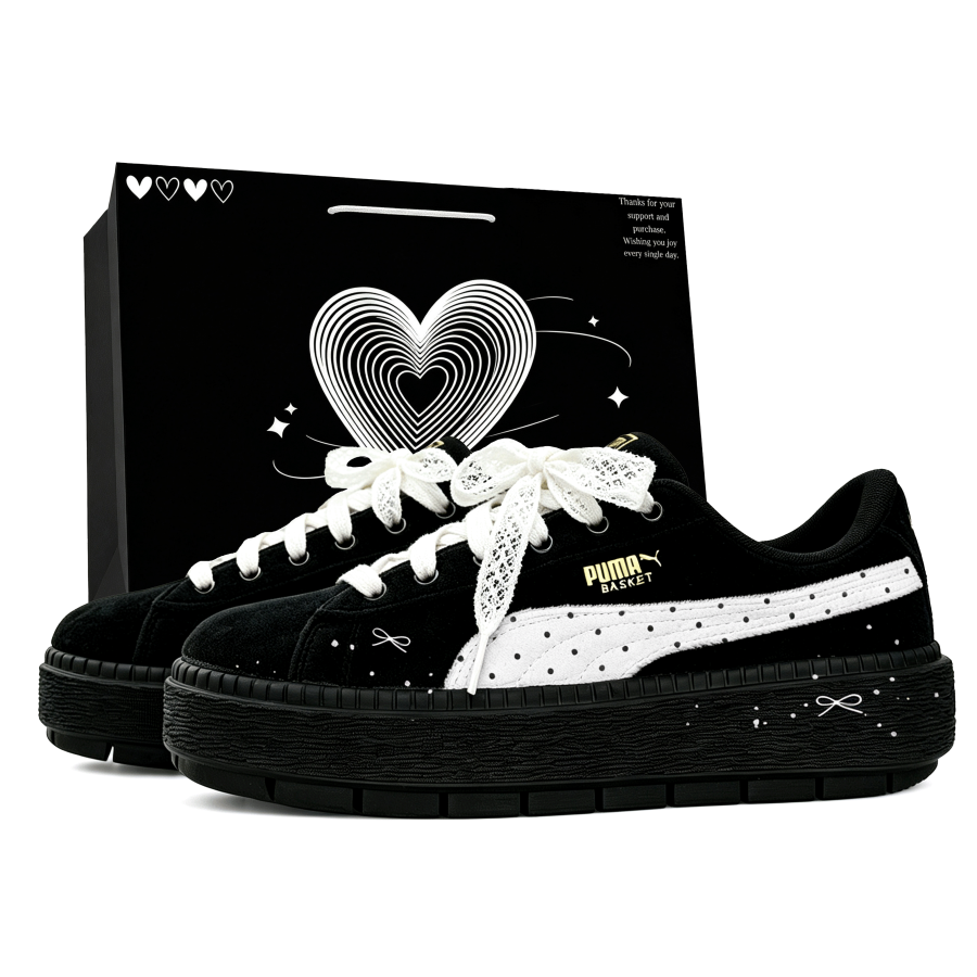 PUMA Platform Trace Abrasion Resistant Height Increasing Low top Skateboard Shoes Women's Black White