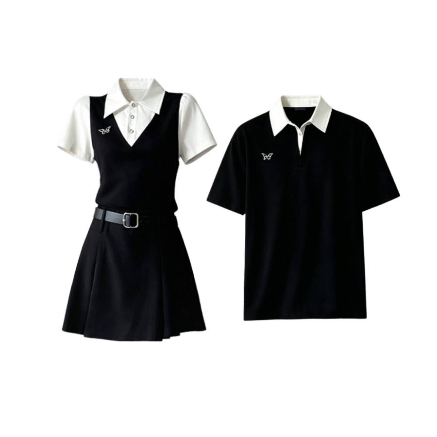 TUSHIFEI Couple Sets Women's Polo Collar Moderate Short Skirt