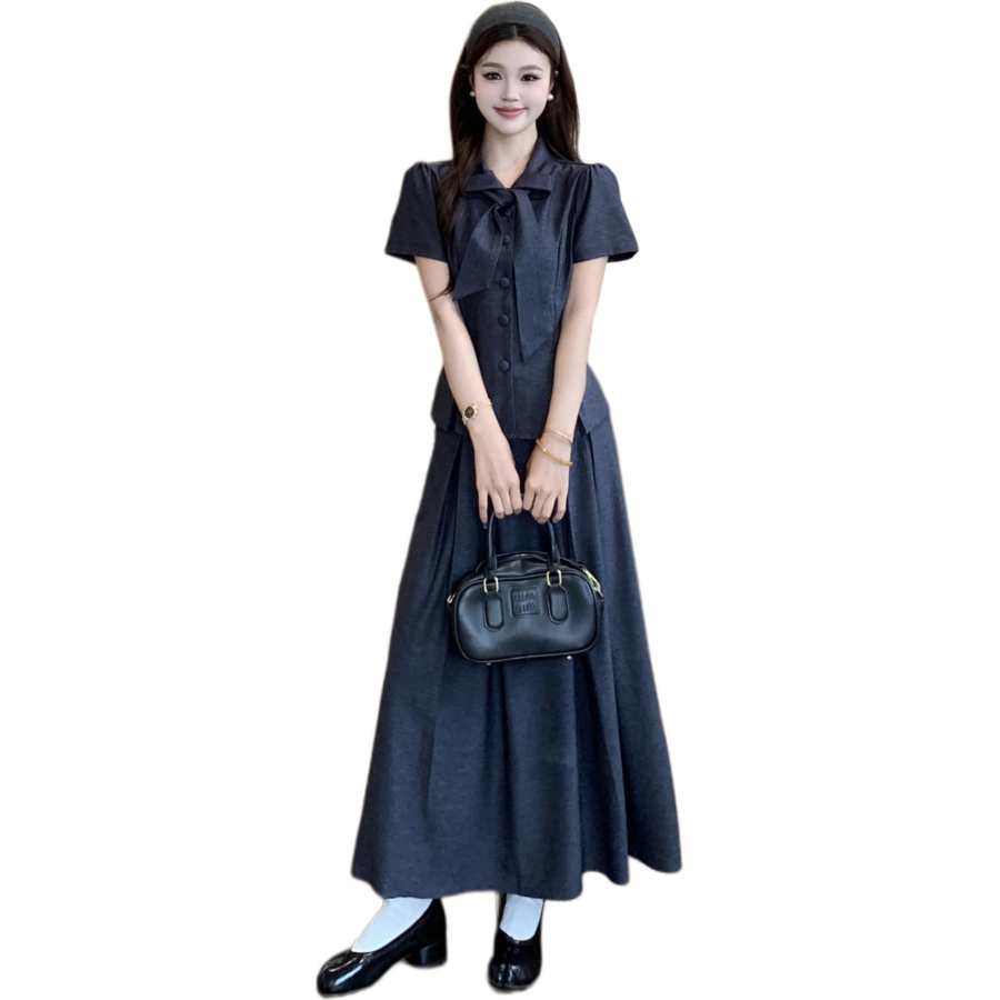 VENICEW Two Piece Skirt Sets Women's Lapel Moderate Long Skirt