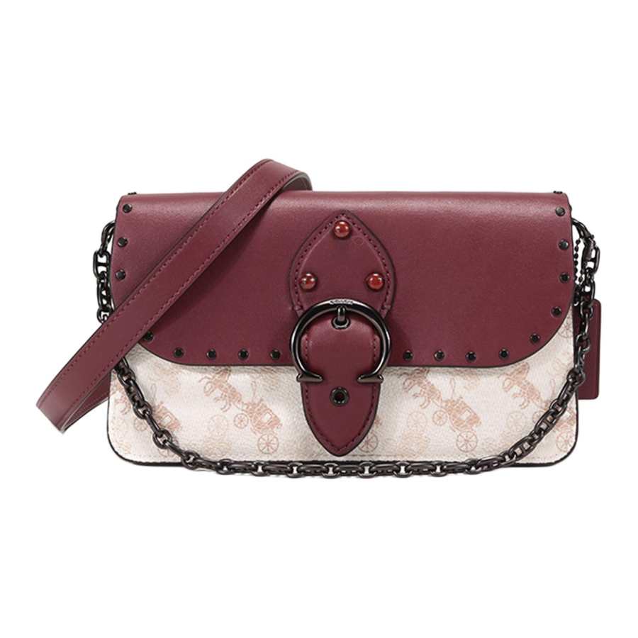 COACH Leather Chain Bag, Shoulder Bag Small Women's Burgundy Chalk White
