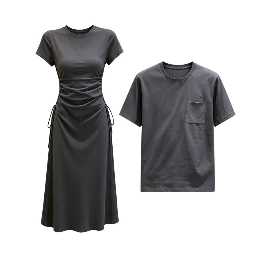 TUSHIFEI Couple Sets Women's Crew Neck Moderate Midi Skirt