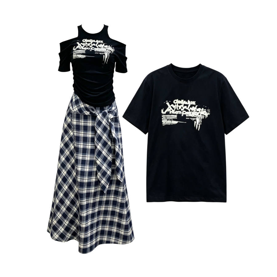 TUSHIFEI Couple Sets Women's Crew Neck Moderate Long Skirt