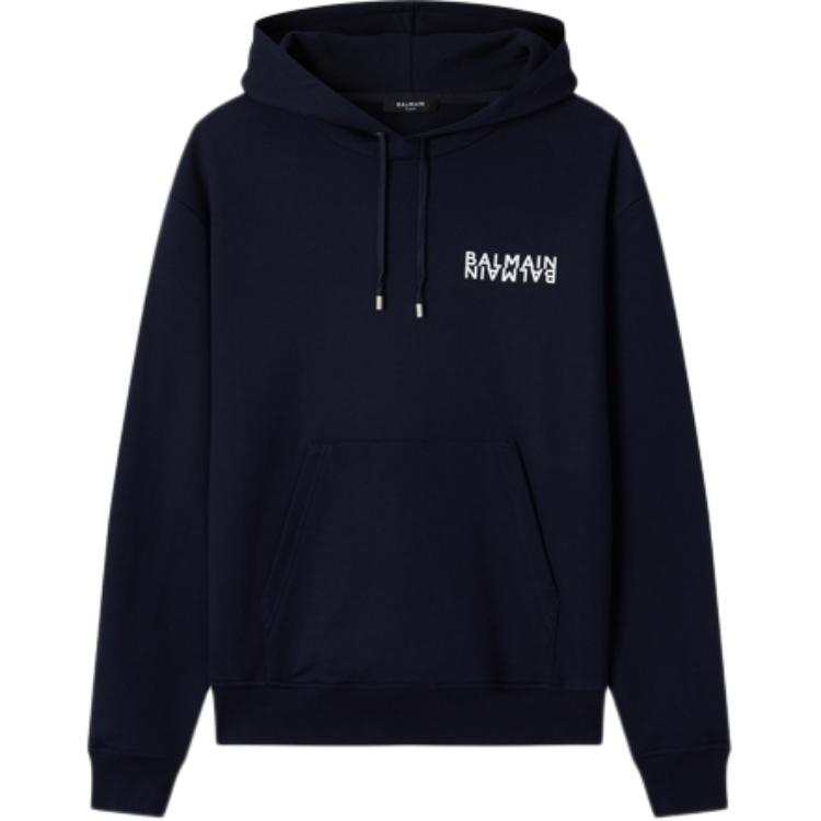 BALMAIN Sweatshirts Men's Dark Blue Hooded Non Detachable Moderate Straight Fit