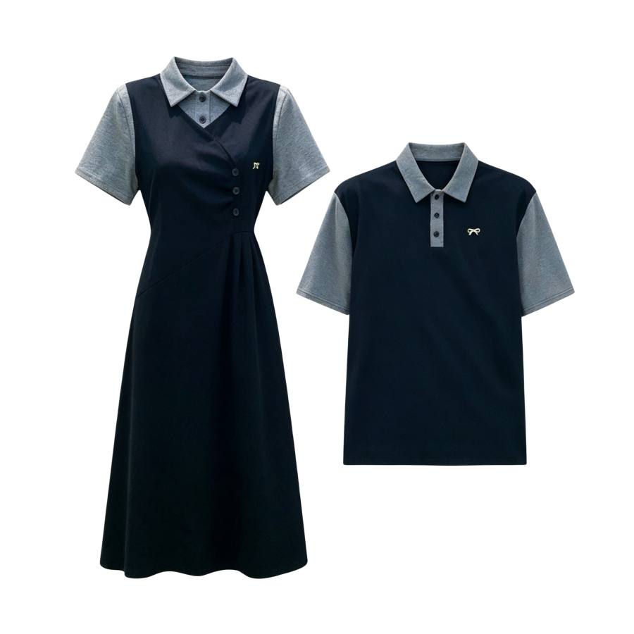 TUSHIFEI Couple Sets Women's Polo Collar Moderate Midi Skirt