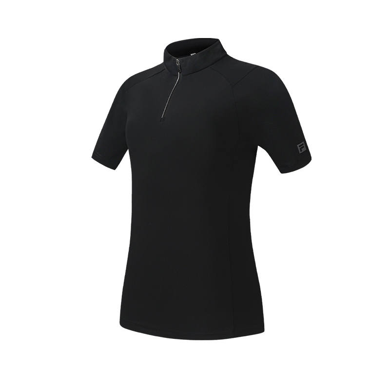 FILA Fitness T Shirts Women's Pitch Black Stand Collar Moderate Nipped In Waist