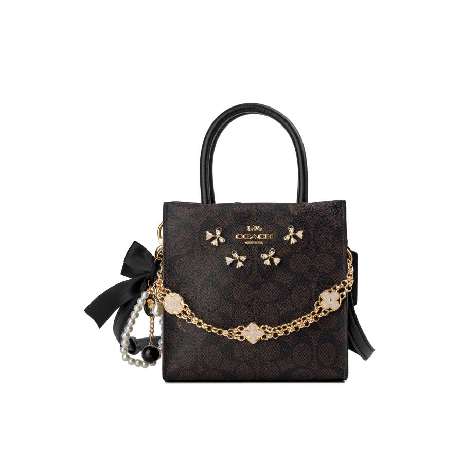 COACH Cally Artificial Leather Crossbody Handbag Small Women's Black & Brown Monogram